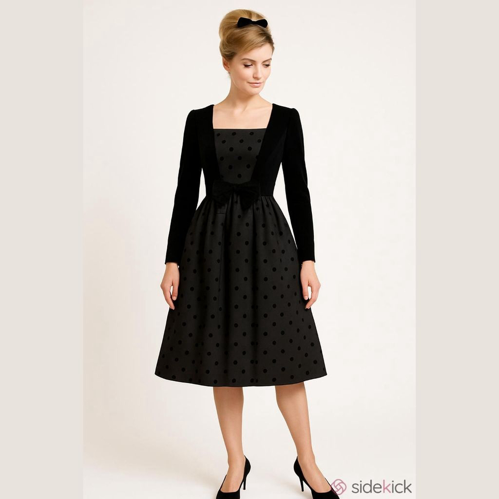 Lanz Originals Vintage Polka Dot Velour Taffeta Bow Black Dress